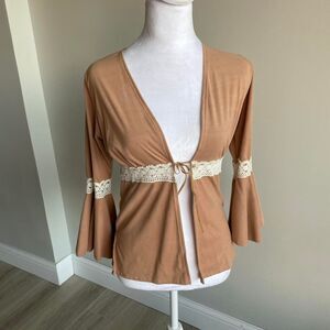 Y2K Tan Crochet Lace Trim Bell Sleeve Tie Cardigan Boho Western Women's Small